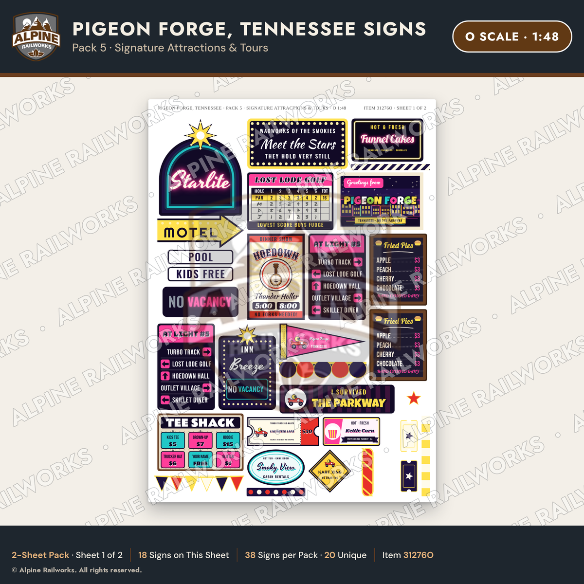 Alpine Railworks 31276O O Scale Pigeon Forge TN Signs - Attractions