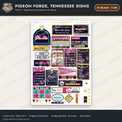 Alpine Railworks 31276O O Scale Pigeon Forge TN Signs - Attractions