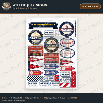 Alpine Railworks 30372G G Scale 4th of July Signs - Bunting & Banners