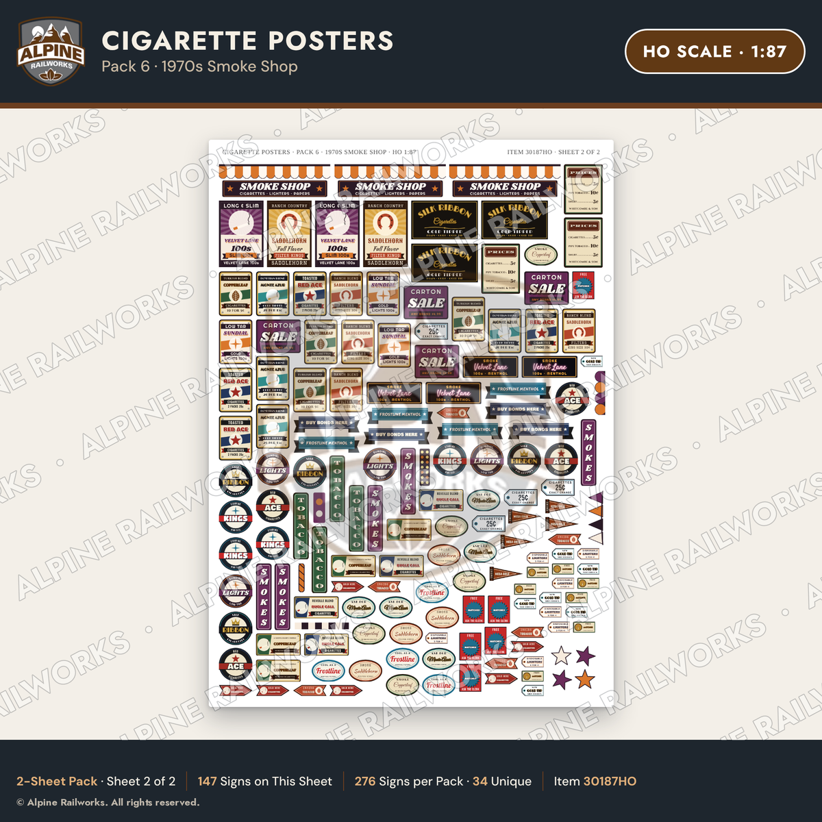 Alpine Railworks 30187HO HO Scale Cigarette Posters - 1970s Smoke Shop