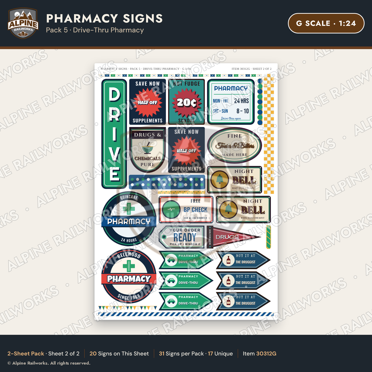 Alpine Railworks 30312G G Scale Pharmacy Signs - Drive-Thru Pharmacy