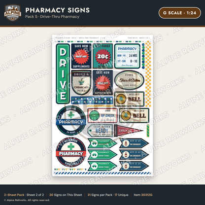 Alpine Railworks 30312G G Scale Pharmacy Signs - Drive-Thru Pharmacy