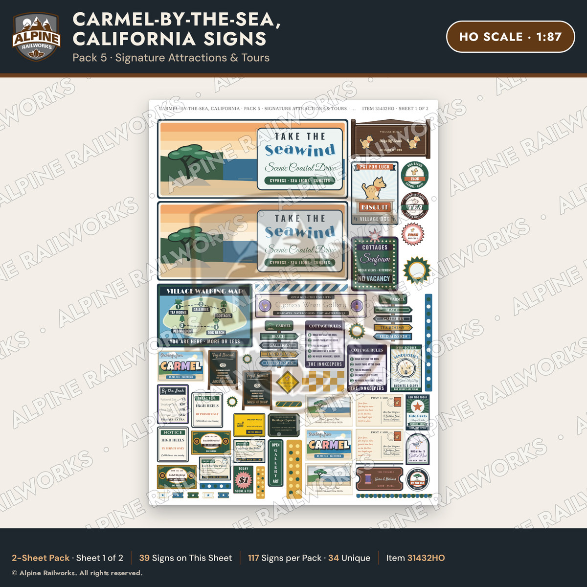 Alpine Railworks 31432HO HO Scale Carmel CA Signs - Attractions