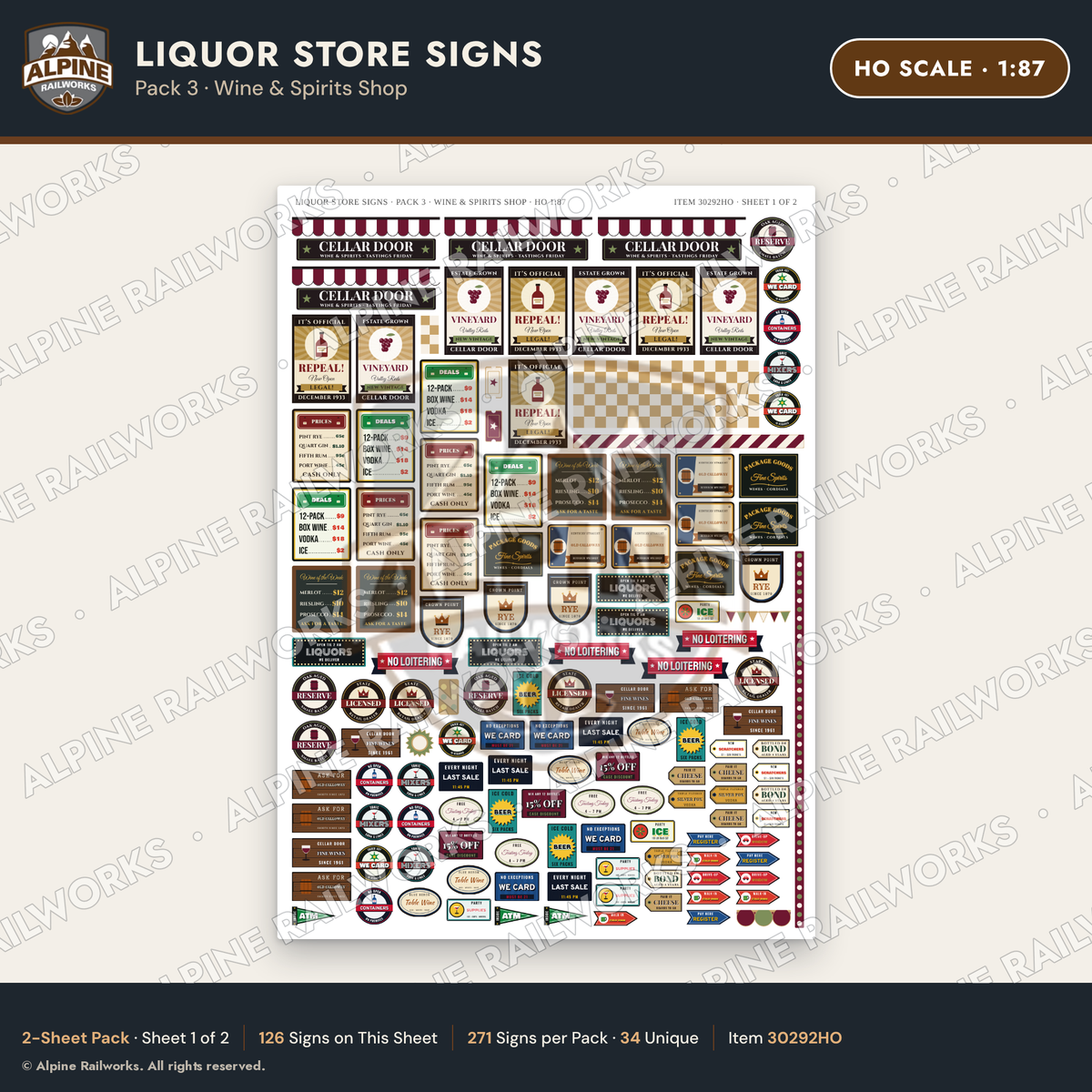 Alpine Railworks 30292HO HO Scale Liquor Store Signs - Wine