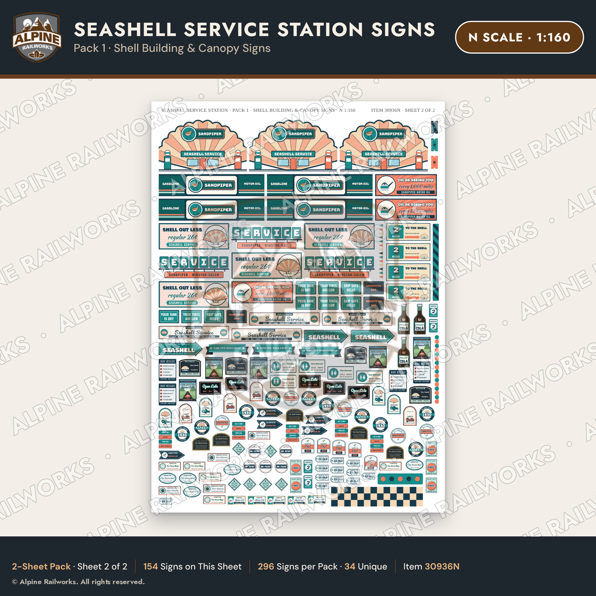 Alpine Railworks 30936N N Scale Roadside Signs - Seashell Gas Station