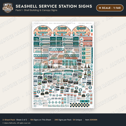 Alpine Railworks 30936N N Scale Roadside Signs - Seashell Gas Station