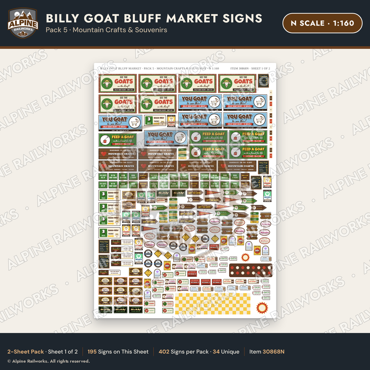Alpine Railworks 30868N N Scale Roadside Signs - Goats on the Roof