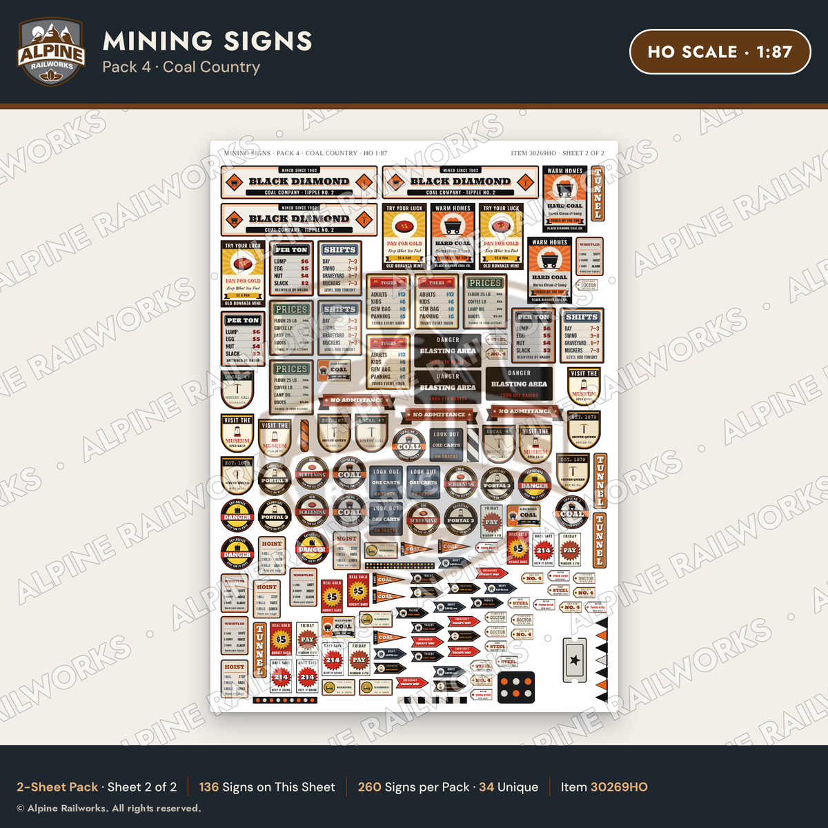 Alpine Railworks 30269HO HO Scale Mining Signs - Coal Country