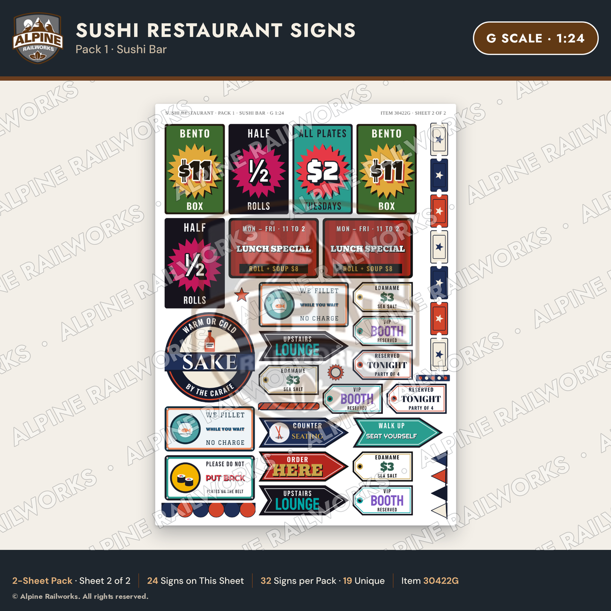 Alpine Railworks 30422G G Scale Sushi Restaurant Signs - Sushi Bar