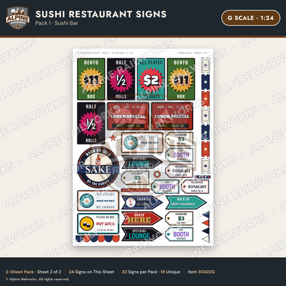 Alpine Railworks 30422G G Scale Sushi Restaurant Signs - Sushi Bar