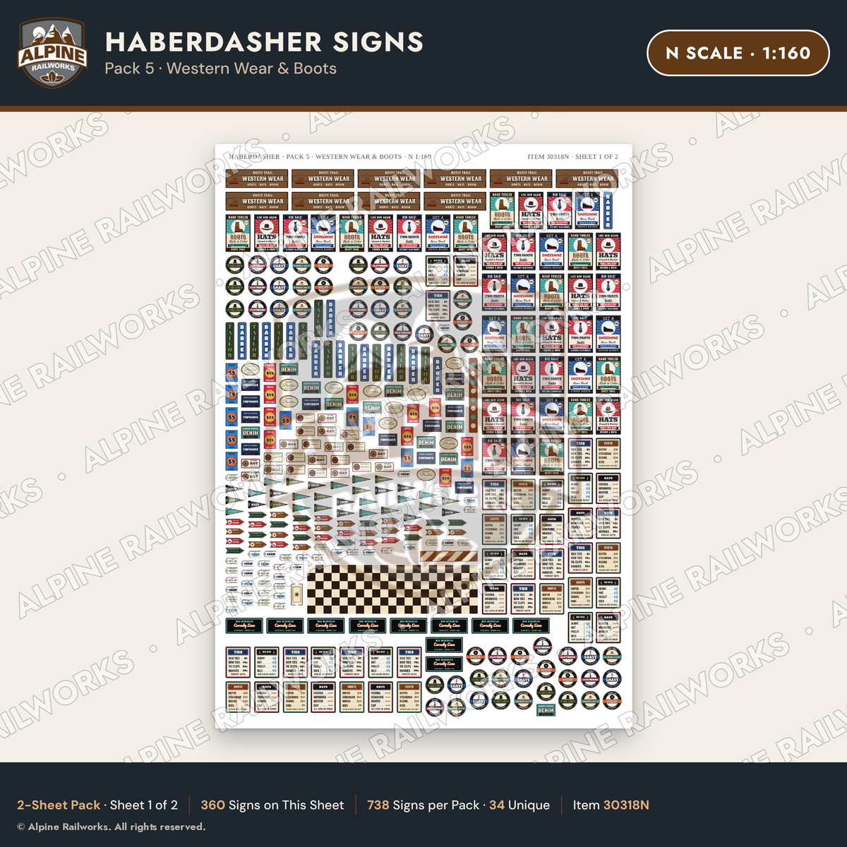 Alpine Railworks 30318N N Scale Haberdasher Signs - Western Wear