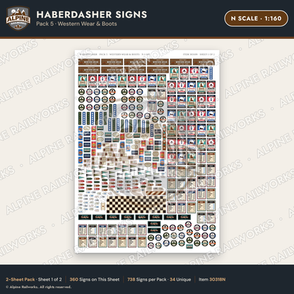 Alpine Railworks 30318N N Scale Haberdasher Signs - Western Wear