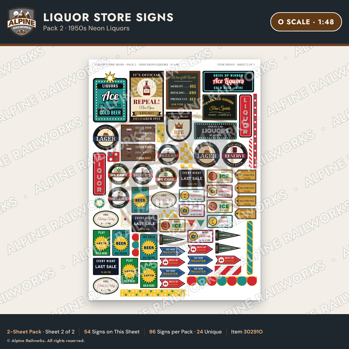 Alpine Railworks 30291O O Scale Liquor Store Signs - Neon Liquors
