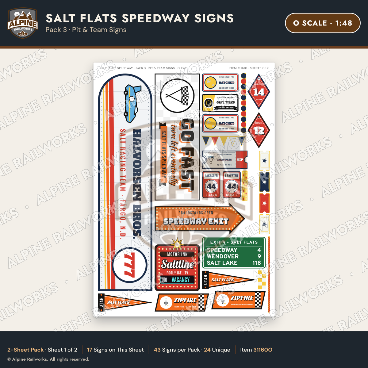 Alpine Railworks 31160O O Scale Racing Signs - Salt Flats Speedway