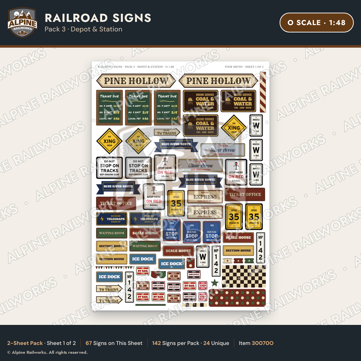 Alpine Railworks 30070O O Scale Railroad Signs - Depot & Station