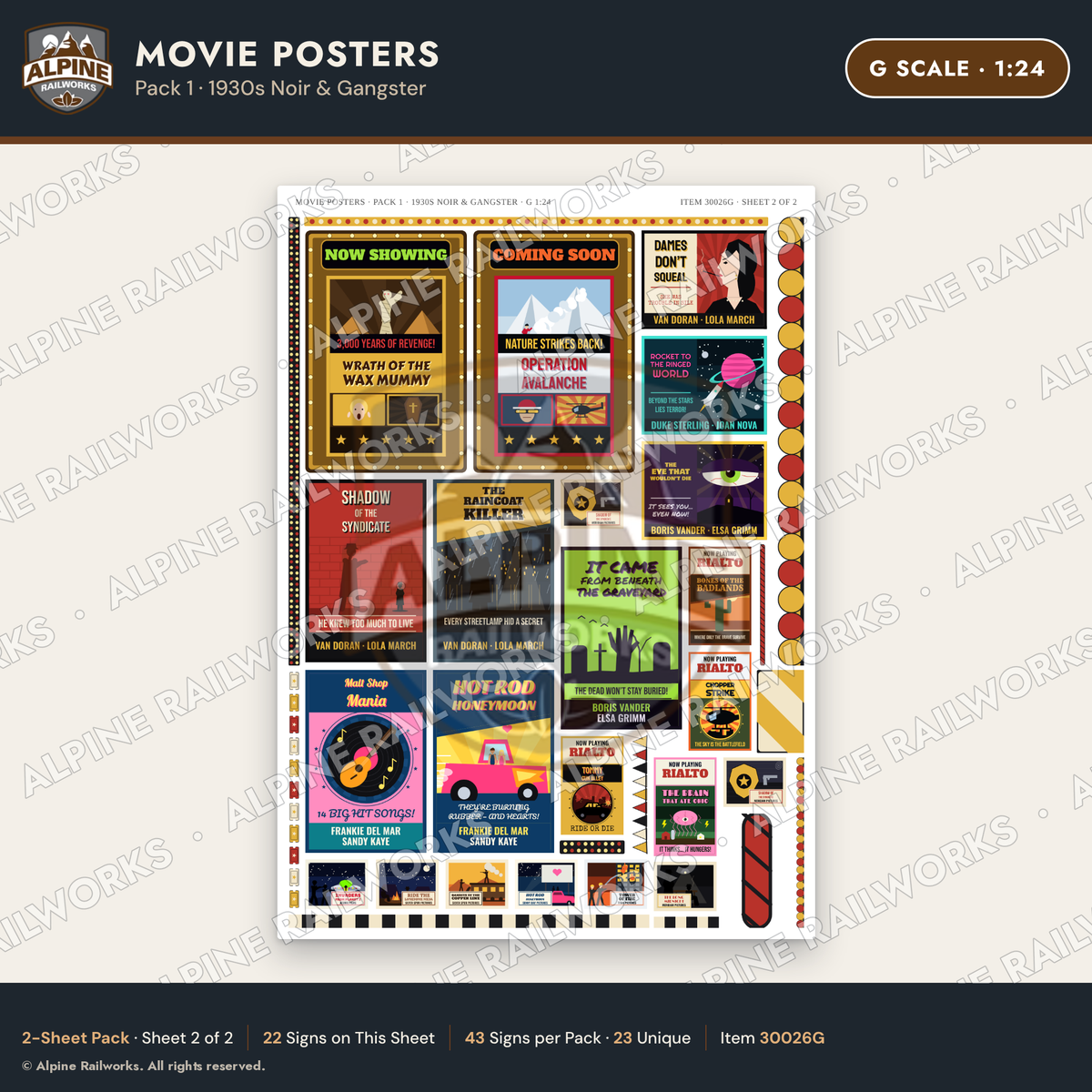 Alpine Railworks 30026G G Scale Movie Posters - 1930s Noir & Gangster