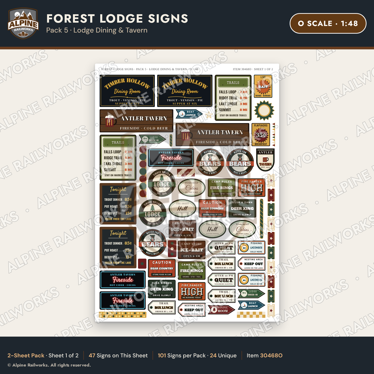 Alpine Railworks 30468O O Scale Forest Lodge Signs - Lodge Dining
