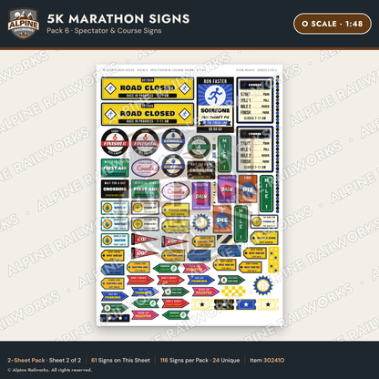 Alpine Railworks 30241O O Scale 5K Marathon Signs - Spectator & Course