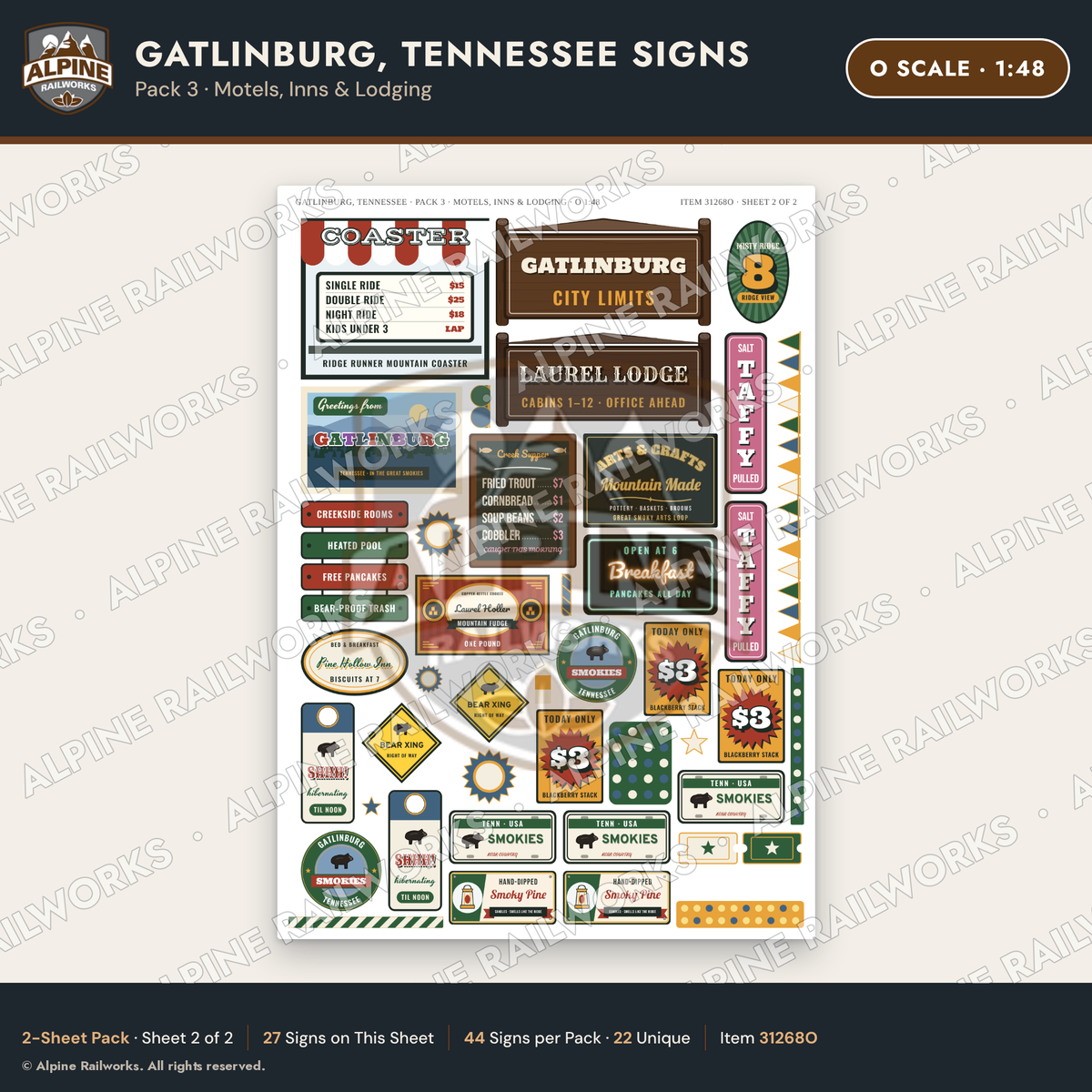 Alpine Railworks 31268O O Scale Gatlinburg TN Signs - Motels & Inns