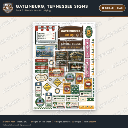 Alpine Railworks 31268O O Scale Gatlinburg TN Signs - Motels & Inns