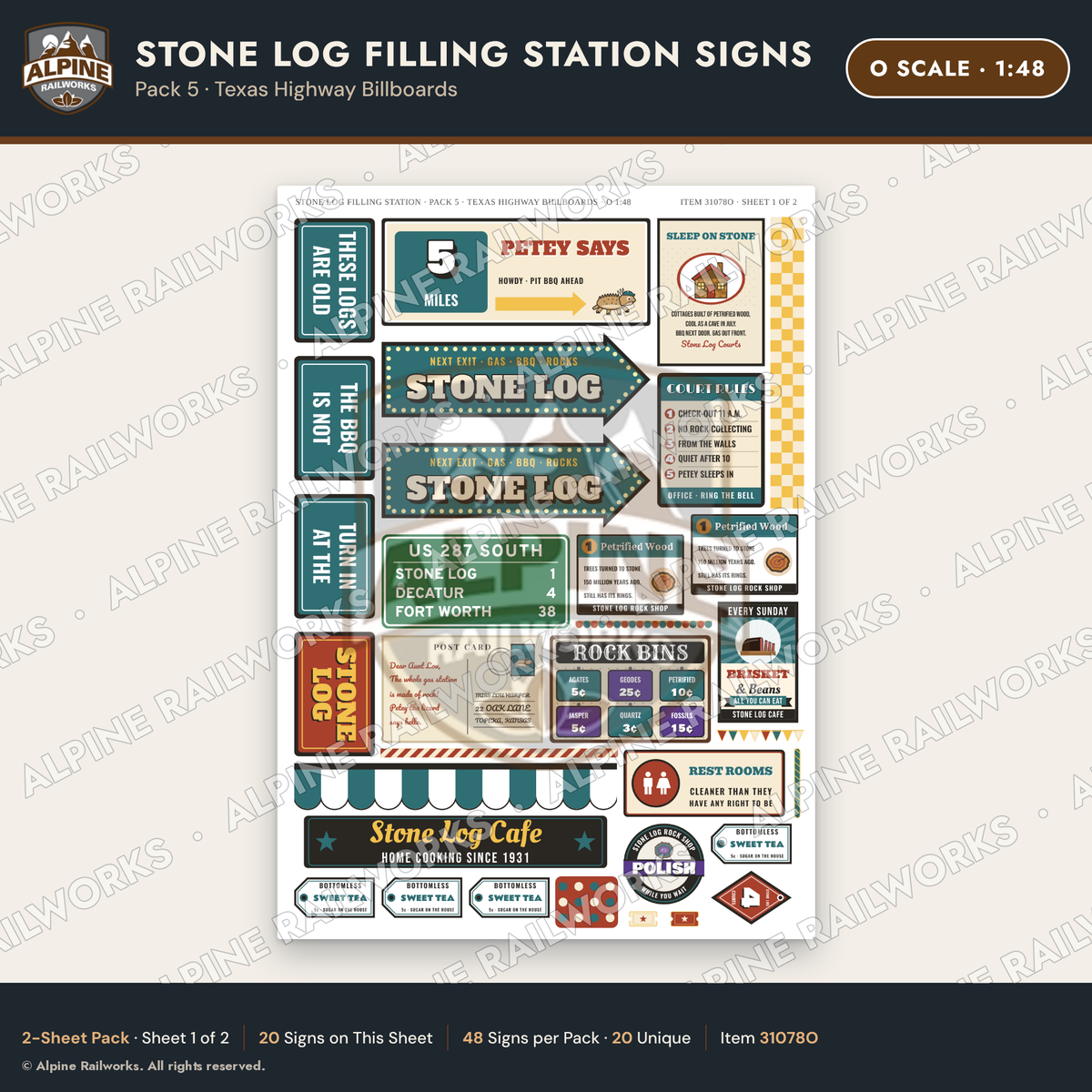 Alpine Railworks 31078O O Scale Roadside Signs - Petrified Wood