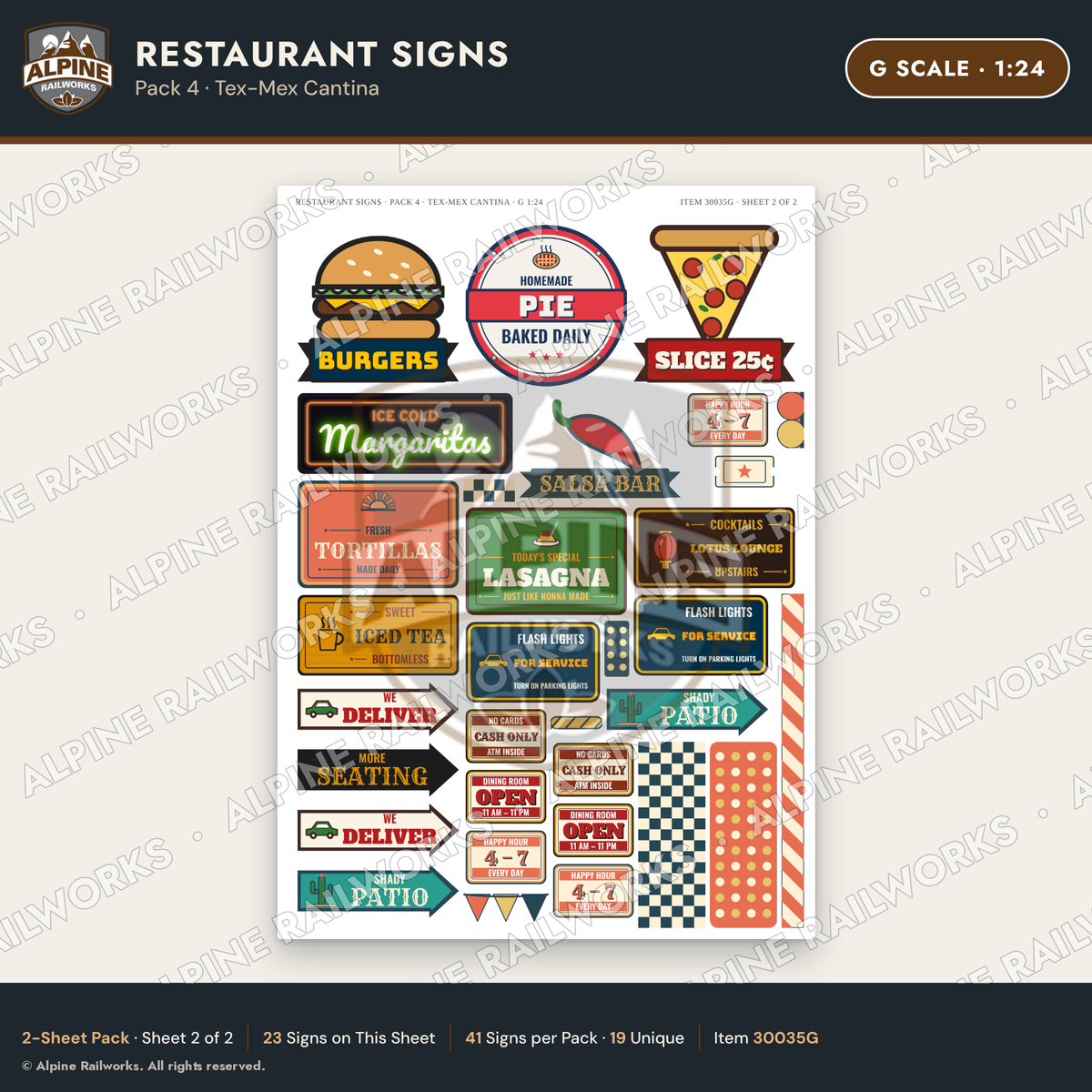 Alpine Railworks 30035G G Scale Restaurant Signs - Tex-Mex Cantina