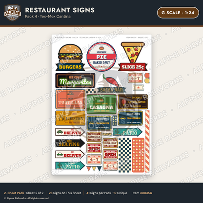 Alpine Railworks 30035G G Scale Restaurant Signs - Tex-Mex Cantina