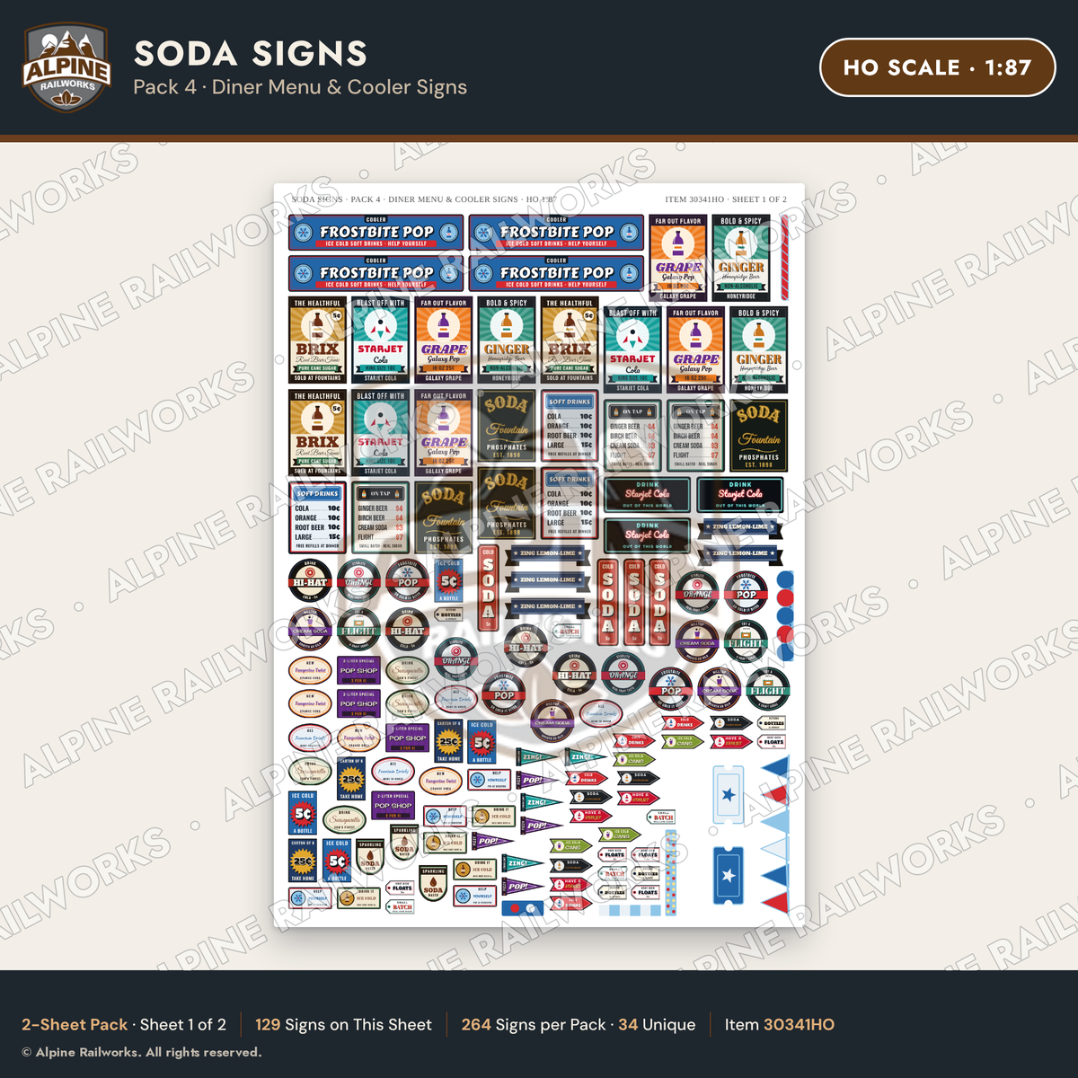 Alpine Railworks 30341HO HO Scale Soda Signs - Diner Menu & Cooler