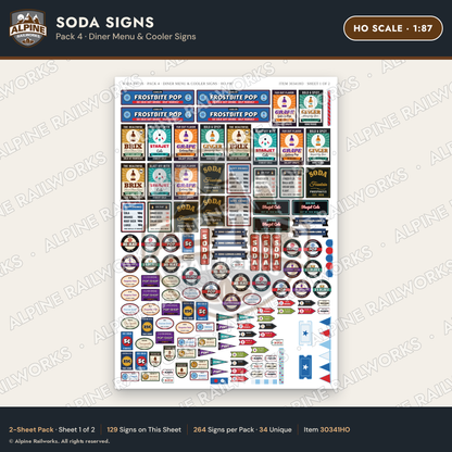 Alpine Railworks 30341HO HO Scale Soda Signs - Diner Menu & Cooler