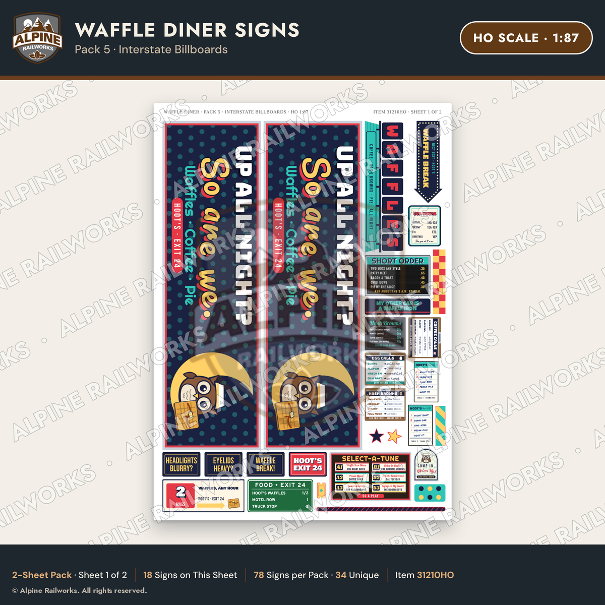 Alpine Railworks 31210HO HO Scale Waffle Diner Signs - Billboards