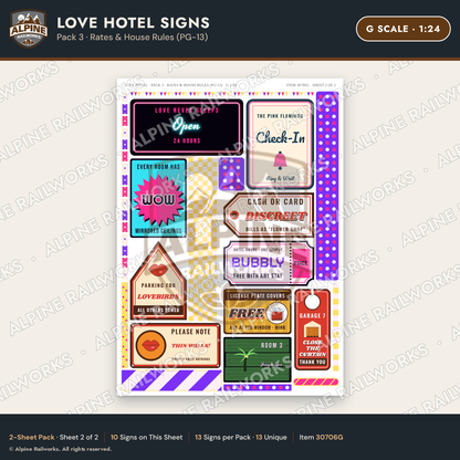Alpine Railworks 30706G G Scale Love Hotel Signs - Rates & House Rules