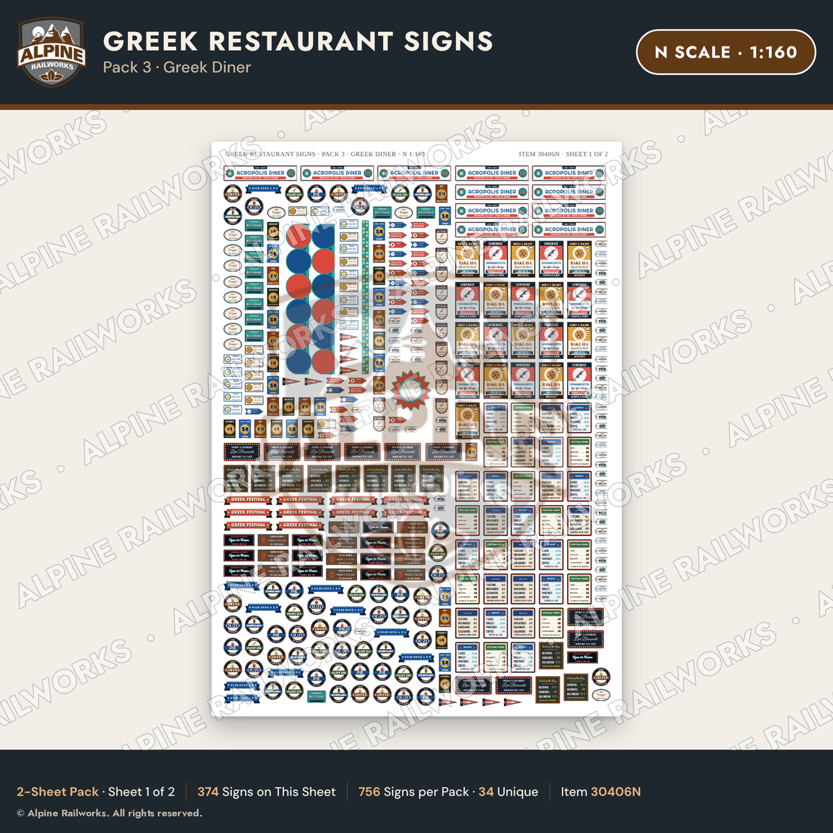 Alpine Railworks 30406N N Scale Greek Restaurant Signs - Greek Diner