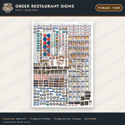 Alpine Railworks 30406N N Scale Greek Restaurant Signs - Greek Diner