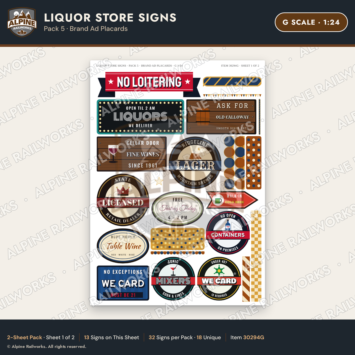 Alpine Railworks 30294G G Scale Liquor Store Signs - Brand Ad Placards