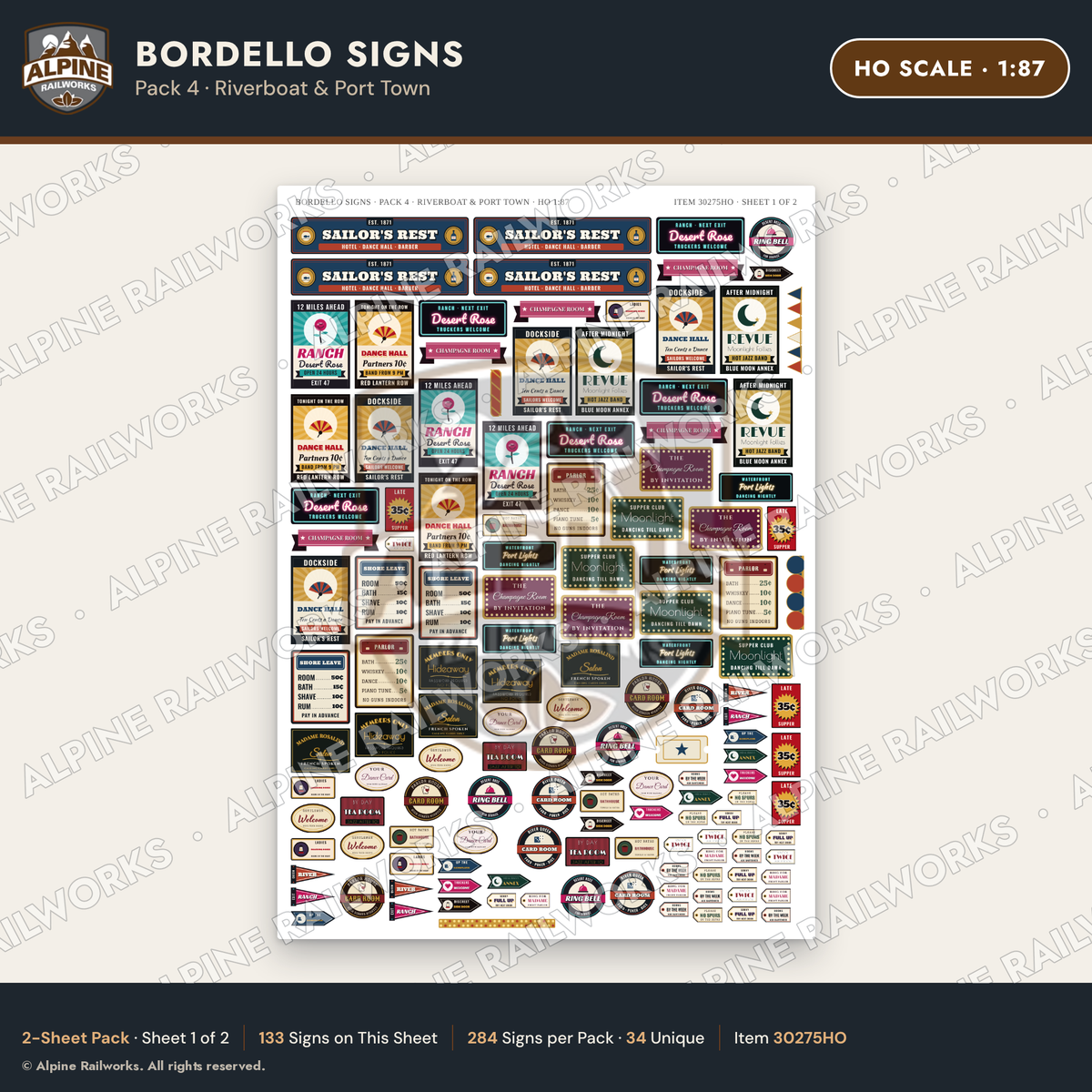Alpine Railworks 30275HO HO Scale Bordello Signs - Riverboat