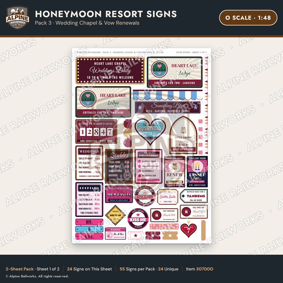 Alpine Railworks 30700O O Scale Honeymoon Resort Signs
