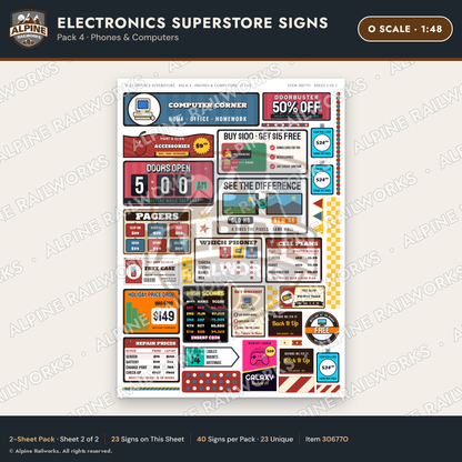 Alpine Railworks 30677O O Scale Electronics Superstore Signs - Phones