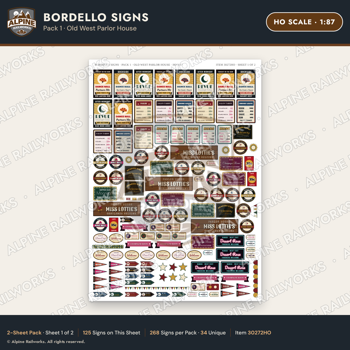 Alpine Railworks 30272HO HO Scale Bordello Signs