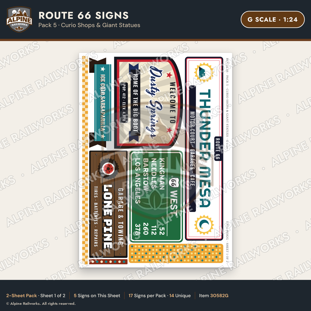 Alpine Railworks 30582G G Scale Route 66 Highway Signs - Curio Shops