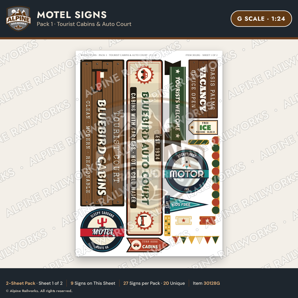 Alpine Railworks 30128G G Scale Motel Signs - Tourist Cabins