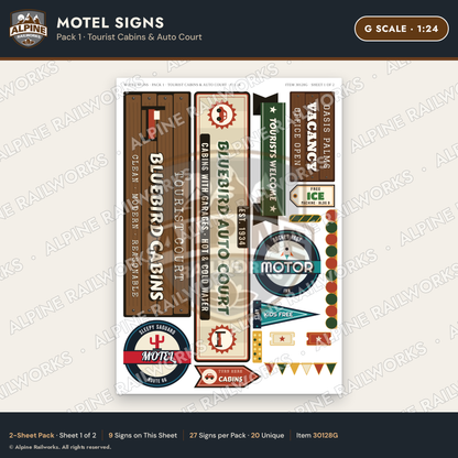 Alpine Railworks 30128G G Scale Motel Signs - Tourist Cabins