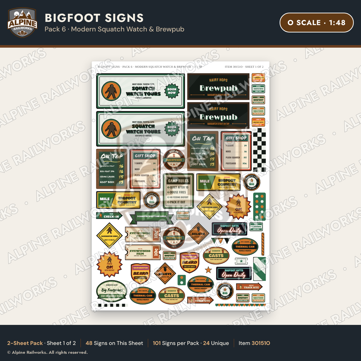 Alpine Railworks 30151O O Scale Bigfoot Signs - Modern Squatch Watch