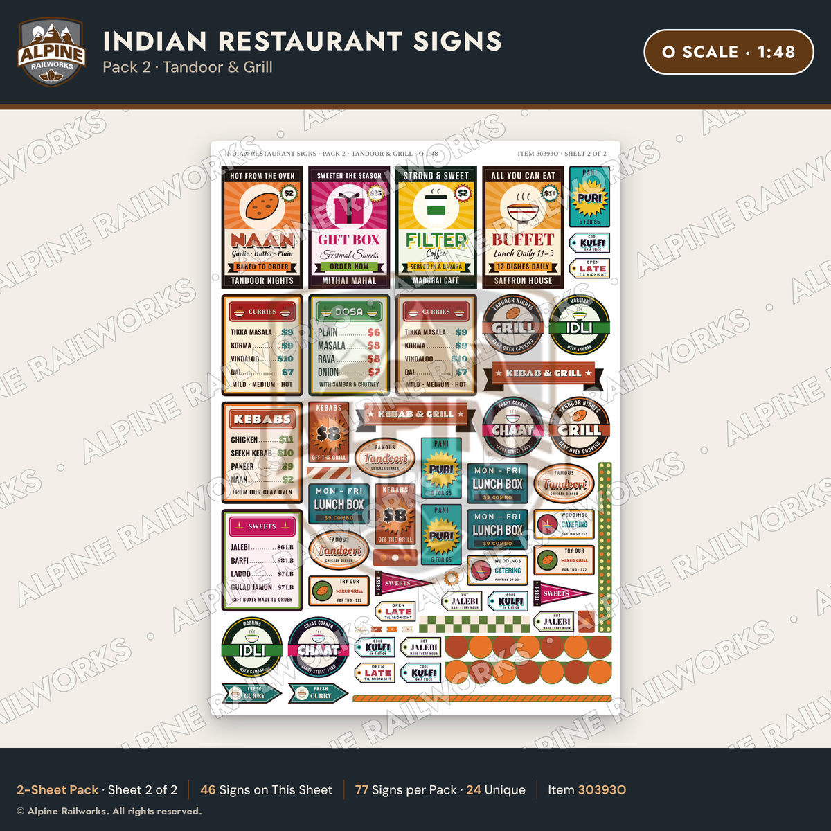 Alpine Railworks 30393O O Scale Indian Restaurant Signs - Tandoor