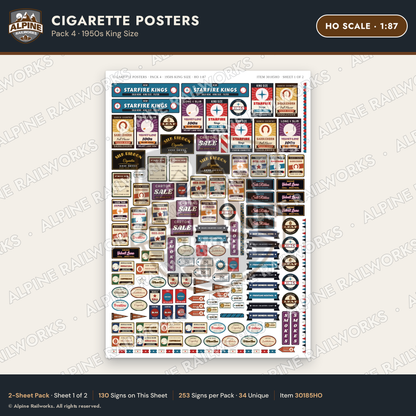 Alpine Railworks 30185HO HO Scale Cigarette Posters - 1950s King Size