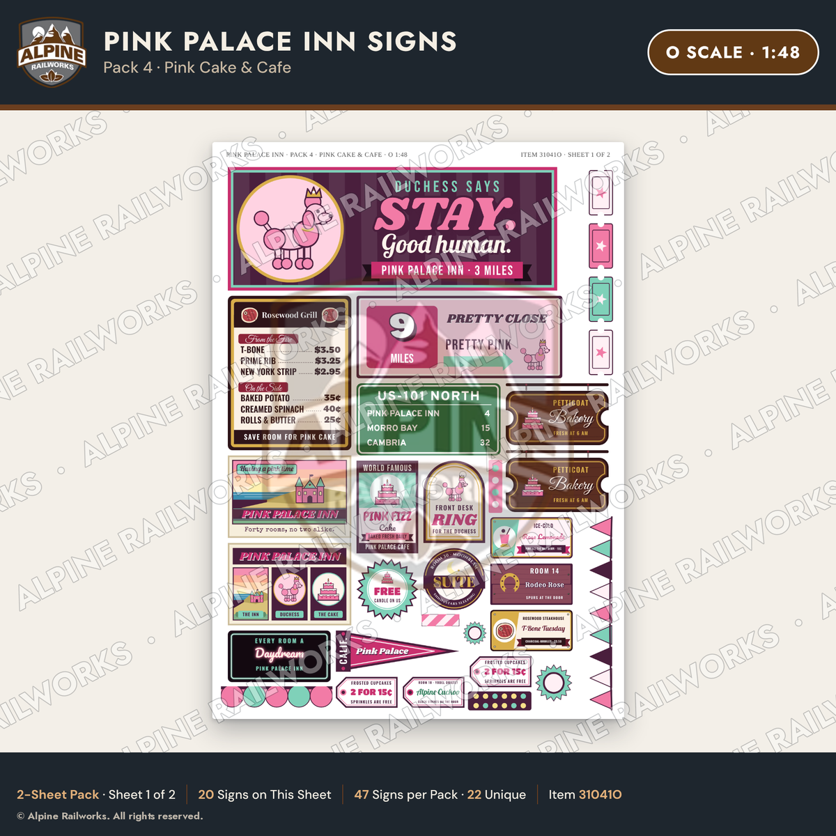 Alpine Railworks 31041O O Scale Roadside Signs - Pink Themed Motel