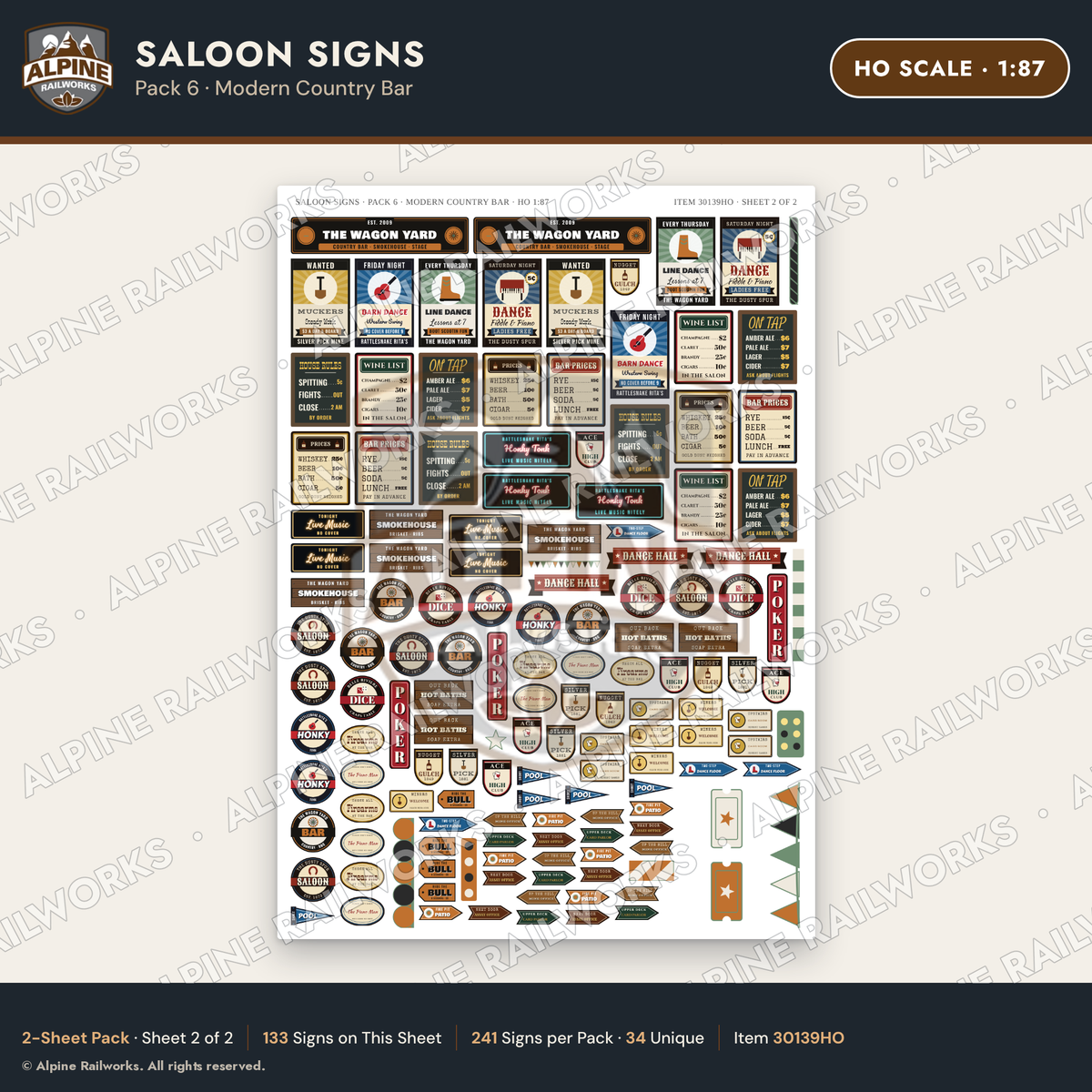 Alpine Railworks 30139HO HO Scale Saloon Signs - Modern Country Bar