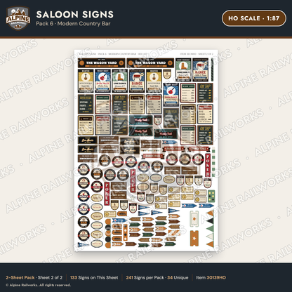 Alpine Railworks 30139HO HO Scale Saloon Signs - Modern Country Bar