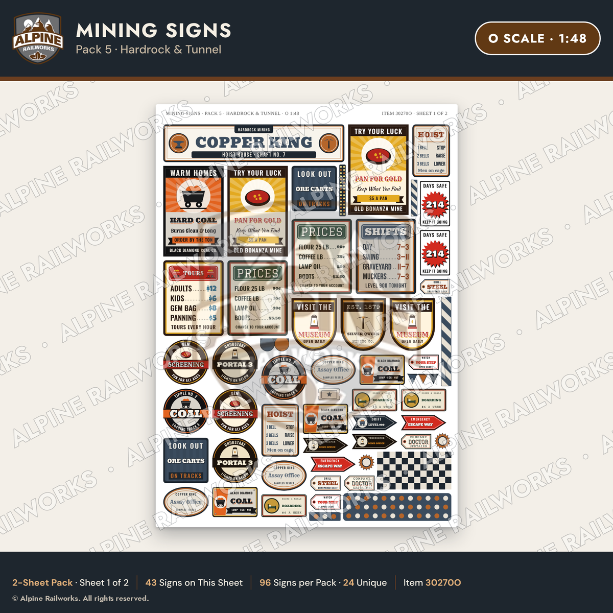 Alpine Railworks 30270O O Scale Mining Signs - Hardrock & Tunnel