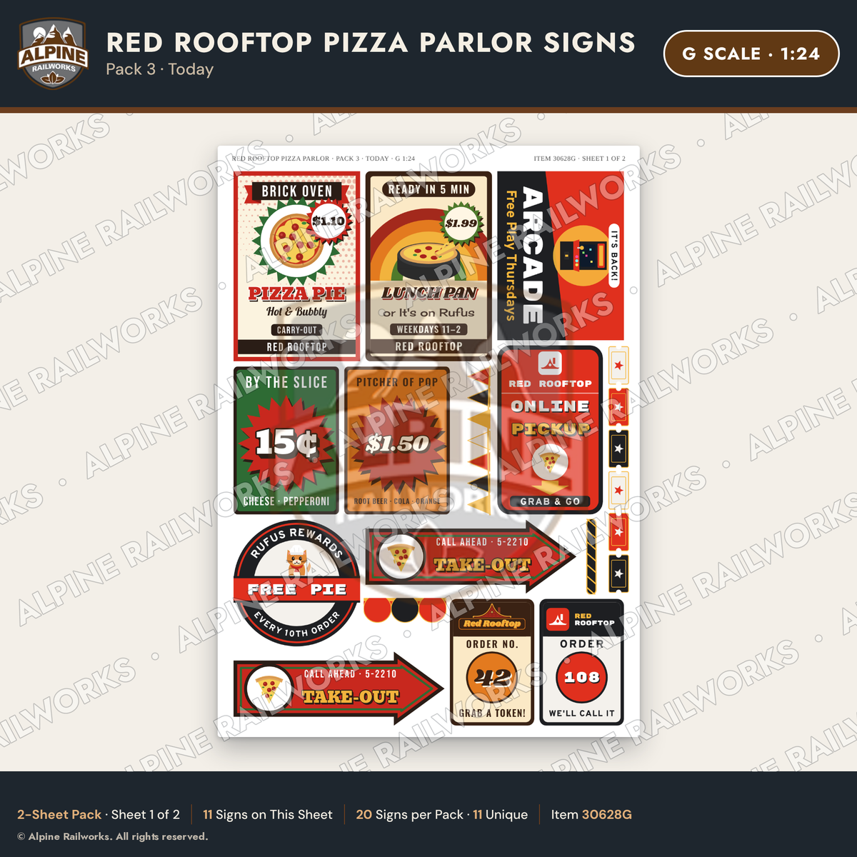 Alpine Railworks 30628G G Scale Restaurant Signs - Pizza Parlor