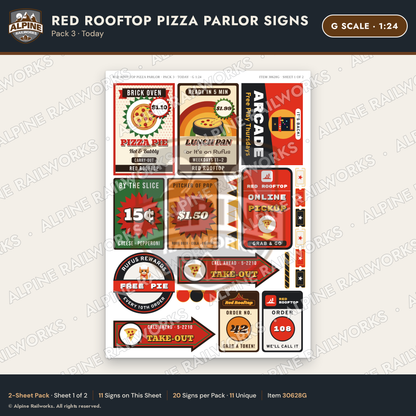 Alpine Railworks 30628G G Scale Restaurant Signs - Pizza Parlor